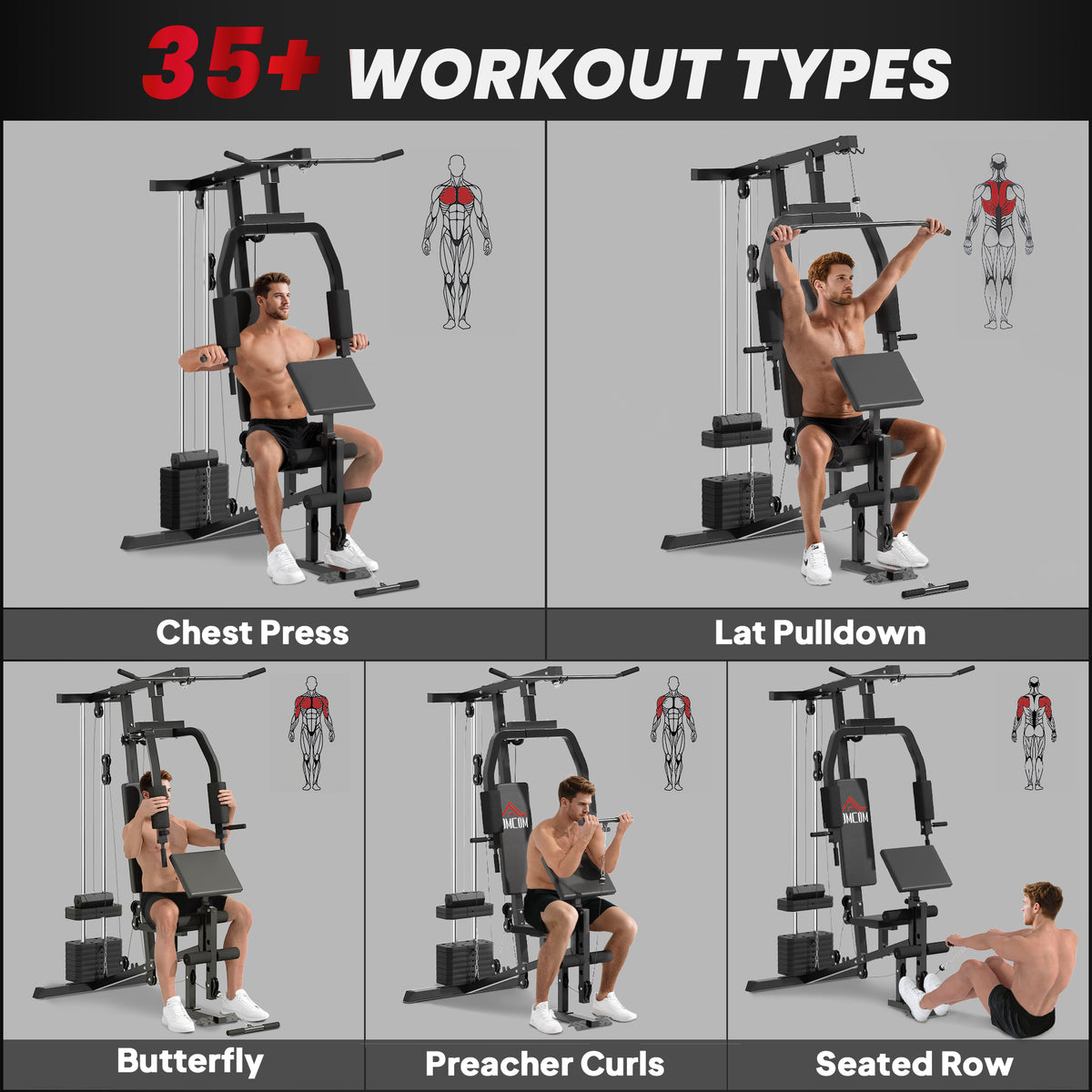 Multi Gym Station | Black | 148x108x207cm | 45kg Weight Stack | 10 Blocks | Chest Press | Butterfly Press | Leg Developer | 0-90° Arm Rotation | 120kg Max | Steel & PU