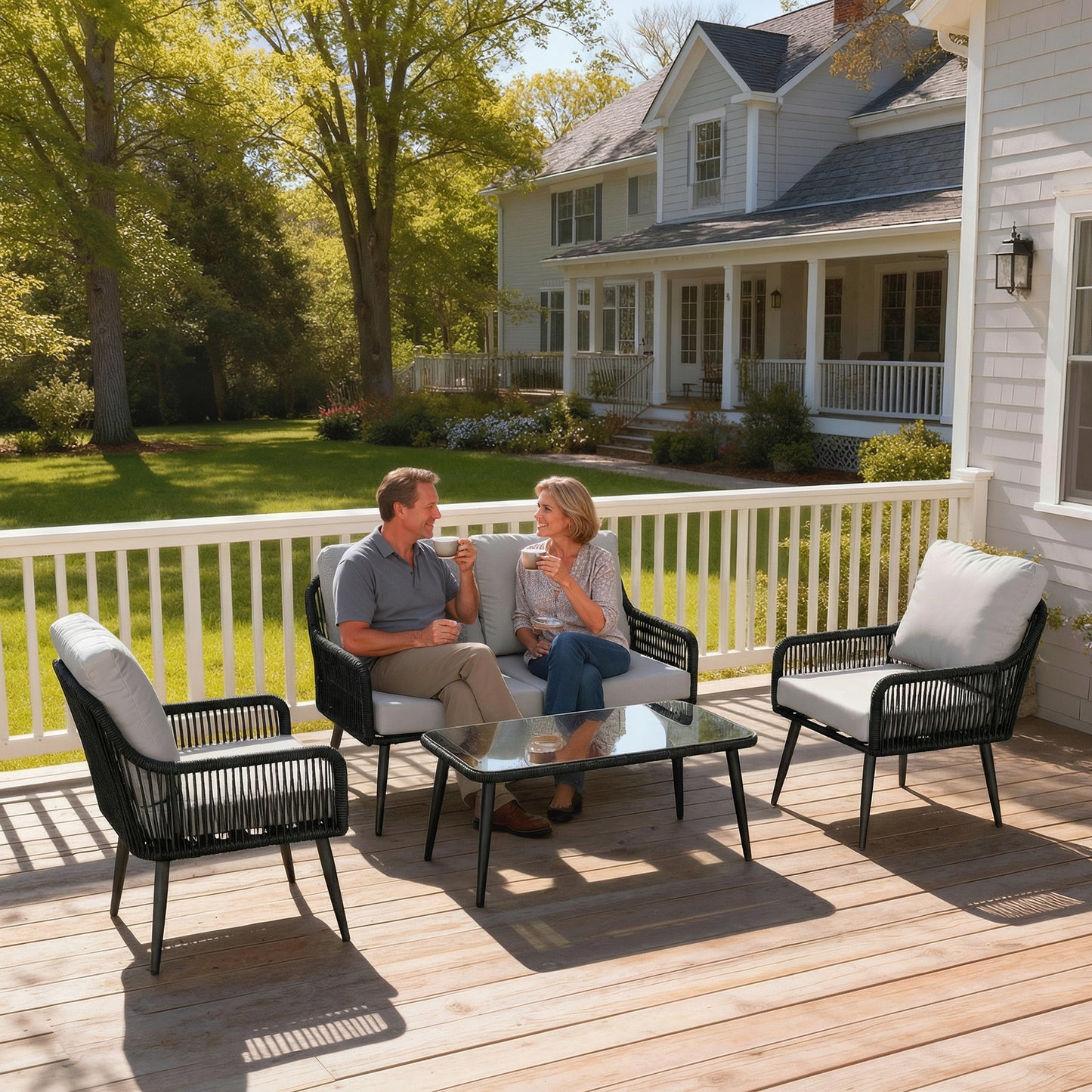 4 Piece Rattan Garden Furniture Set | Loveseat | 2 Chairs | Coffee Table | Tempered Glass | All-Weather PE Rattan | Galvanised Steel | Water-Repellent Cushions | 240kg | Black