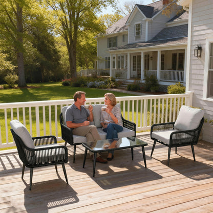 4 Piece Rattan Garden Furniture Set | Loveseat | 2 Chairs | Coffee Table | Tempered Glass | All-Weather PE Rattan | Galvanised Steel | Water-Repellent Cushions | 240kg | Black