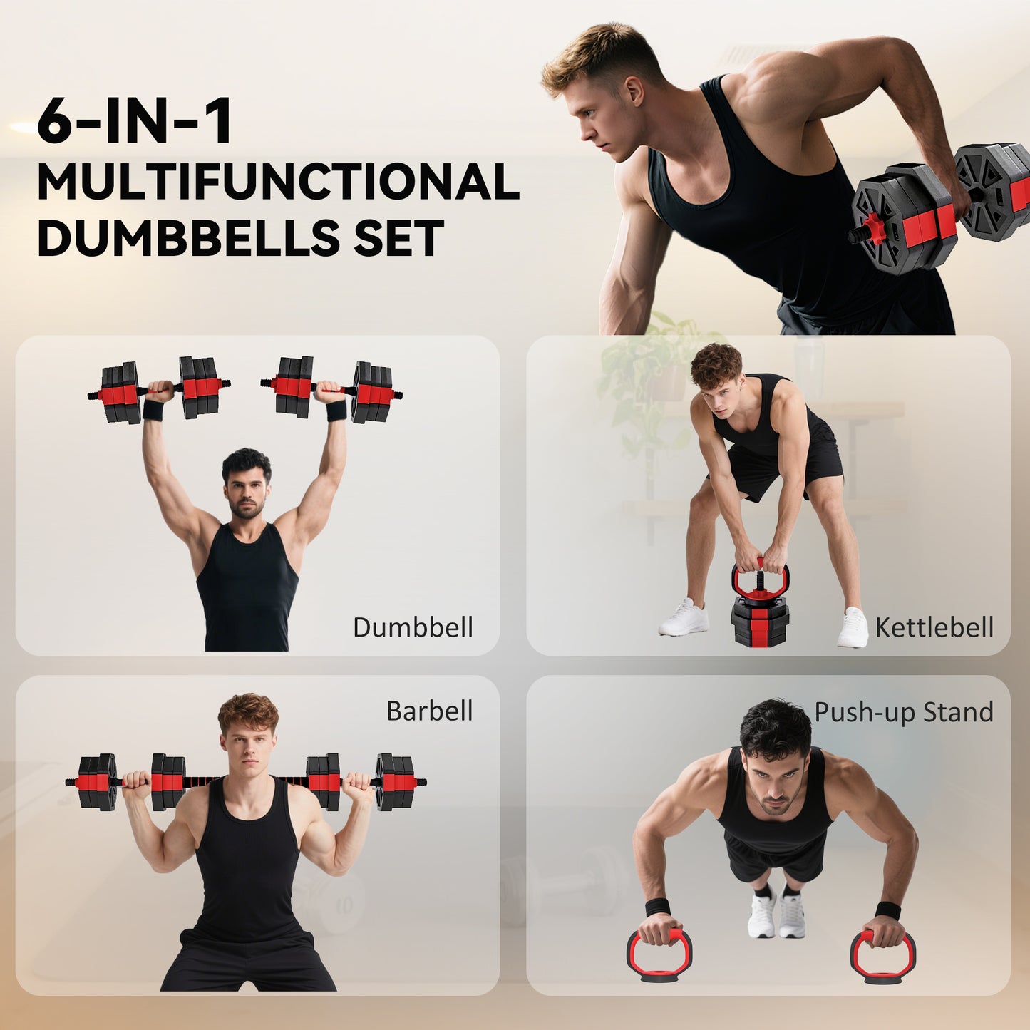 SPORTNOW 6-in-1 Adjustable Dumbbell Set 20kg | Dumbbell, Barbell, Kettlebell & Push-Up Stand | Home Gym Free Weights | Men & Women | Red