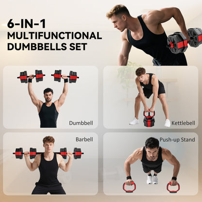 SPORTNOW 6-in-1 Adjustable Dumbbell Set 20kg | Dumbbell, Barbell, Kettlebell & Push-Up Stand | Home Gym Free Weights | Men & Women | Red