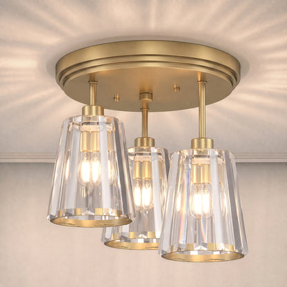 3-Light Crystal Glass Ceiling Light | Triple E27 Sockets | Clear Crystal Shades | Ø32cm | 40–120W | 220–240V | Hallway Bedroom Living Room | Bulbs Not Included | Gold Tone
