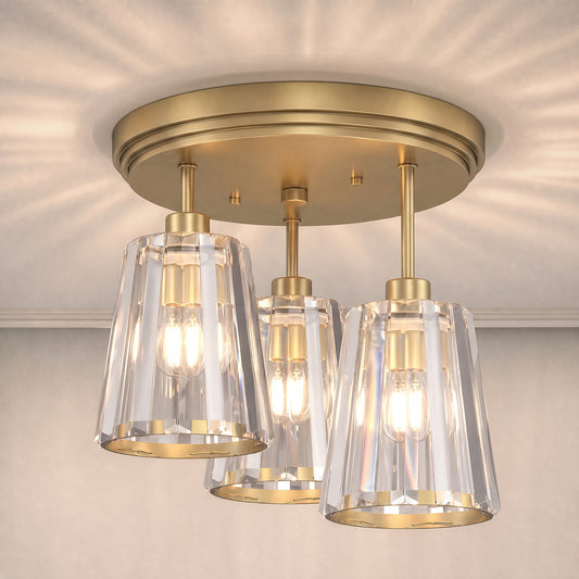 3-Light Crystal Glass Ceiling Light | Triple E27 Sockets | Clear Crystal Shades | Ø32cm | 40–120W | 220–240V | Hallway Bedroom Living Room | Bulbs Not Included | Gold Tone