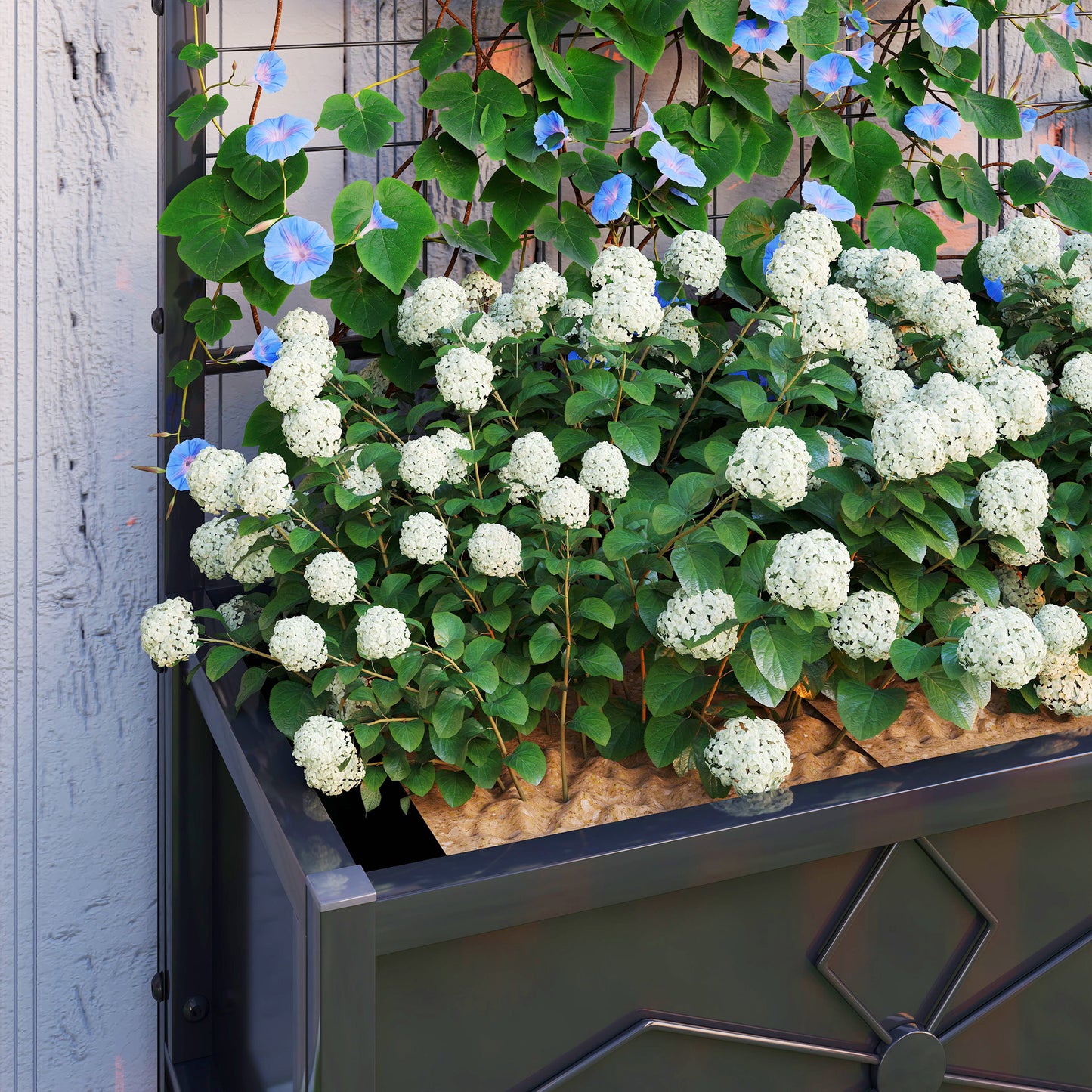 Raised Bed for Garden with Trellis, Galvanised Planter Box with Diamond Pattern, Drainage Holes for Vegetables, Herbs and Flowers, 90 x 40 x 120 cm, Black