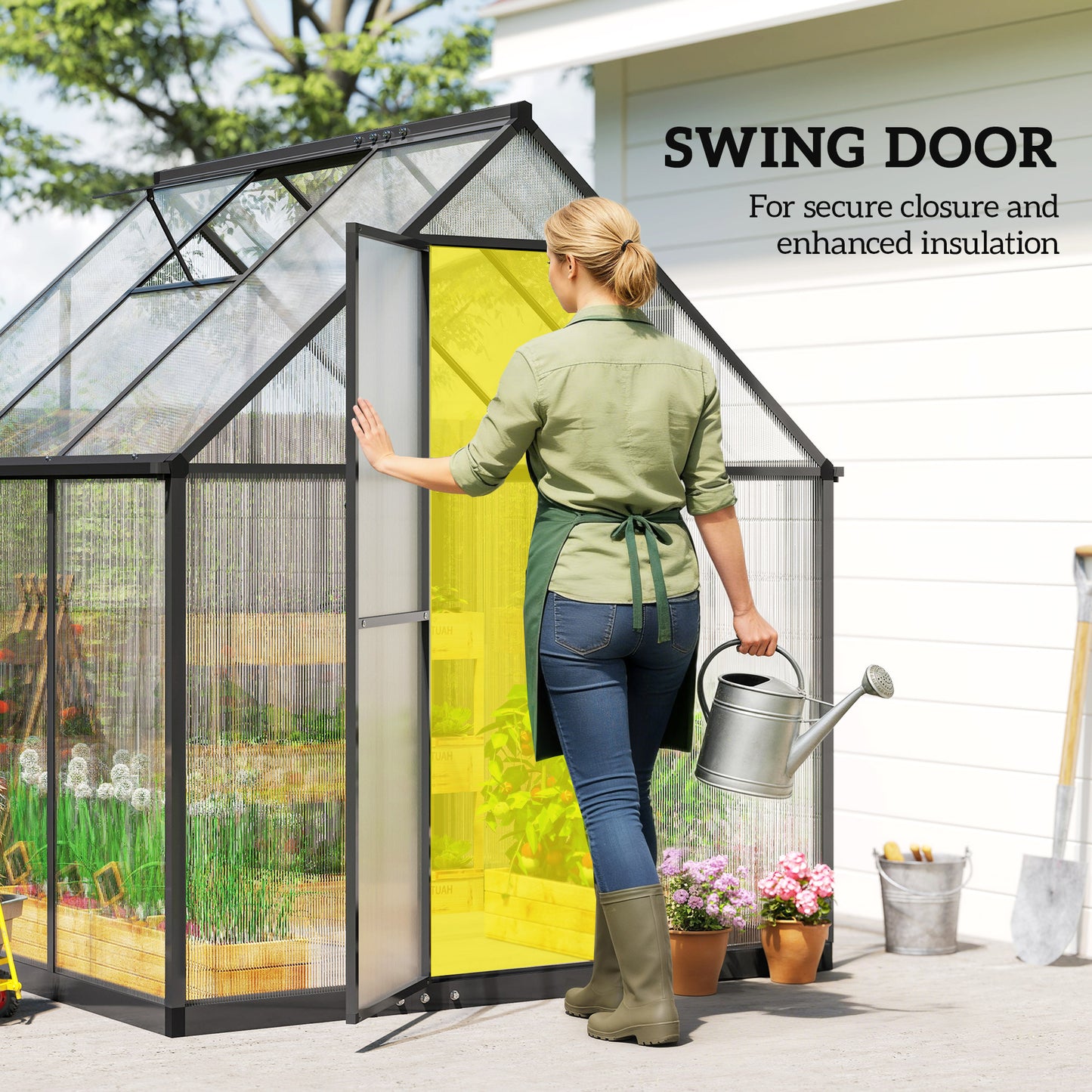 Polycarbonate Greenhouse with Swing Door and Adjustable Window, Walk-in Greenhouse with Rain Gutter, 6 x 6.5ft, Black