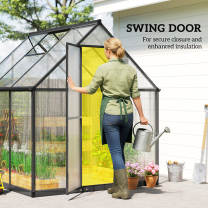 Polycarbonate Greenhouse with Swing Door and Adjustable Window, Walk-in Greenhouse with Rain Gutter, 6 x 6.5ft, Black