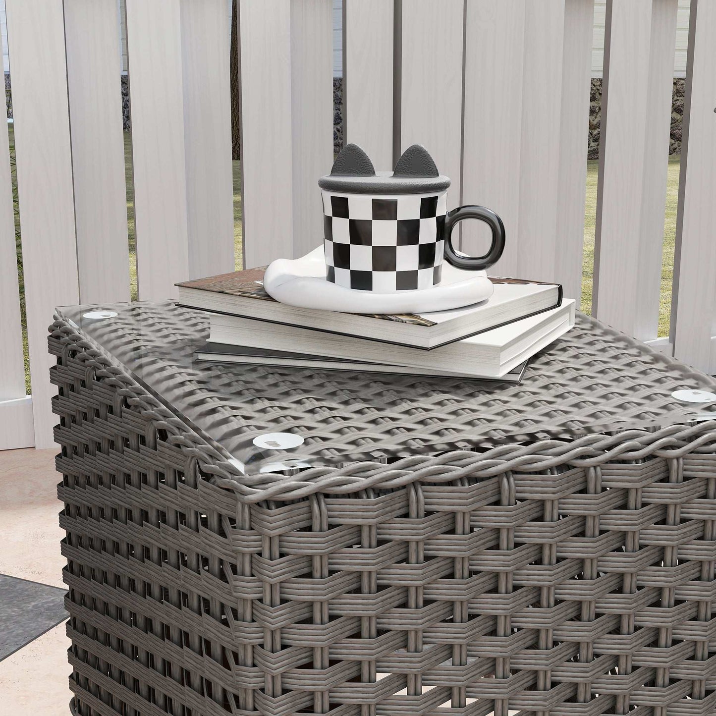 Outsunny 3 Pieces Rattan Bistro Set , Glass Top Balcony Table and Chairs with Cushions for Outdoor, Patio, Balcony, Light Grey
