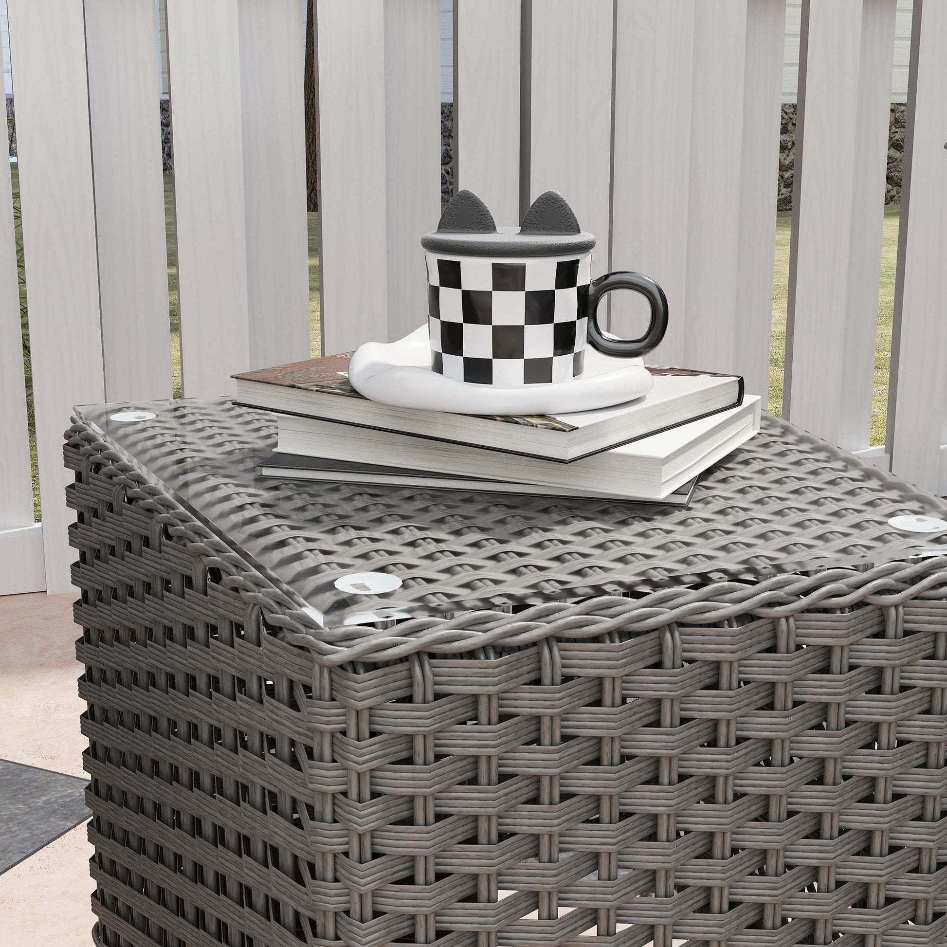 Outsunny 3 Pieces Rattan Bistro Set , Glass Top Balcony Table and Chairs with Cushions for Outdoor, Patio, Balcony, Light Grey