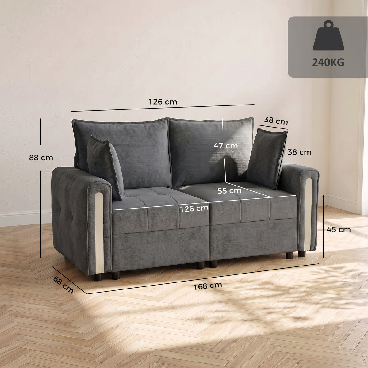 2-Seater Velvet Loveseat with Lift-Up Storage | 168Wx68Dx88H cm | 126cm Wide Seat | 15cm Seat Cushion | 20cm Back Cushion | Multilayer Board & Metal Frame | 240kg | Living Room | Dark Grey