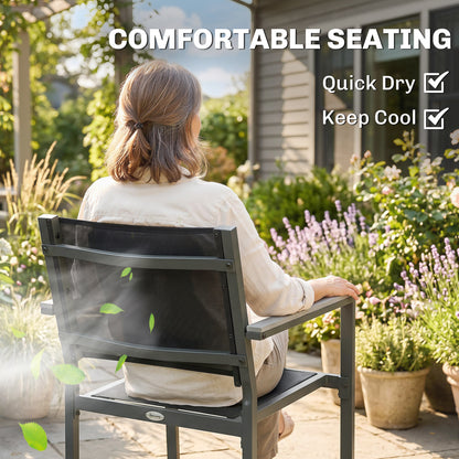 7-Piece Garden Dining Set | Slatted Acacia Wood Table | 6 Stackable Texteline Chairs | Wide Armrests | Powder-Coated Steel | Adjustable Foot Pads | 160kg Chair Capacity | 150x90x75cm | Grey