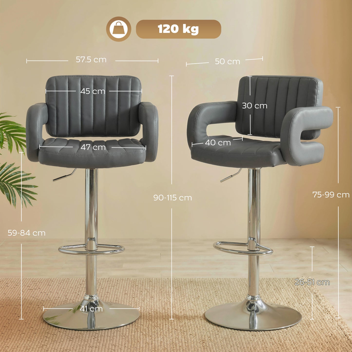 Set of 2 Adjustable Swivel Bar Stools | Padded Armrests | Grey PU Leather