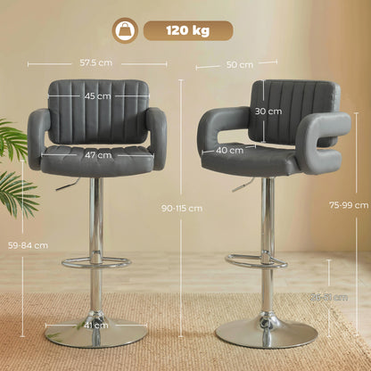 Set of 2 Adjustable Swivel Bar Stools | Padded Armrests | Grey PU Leather