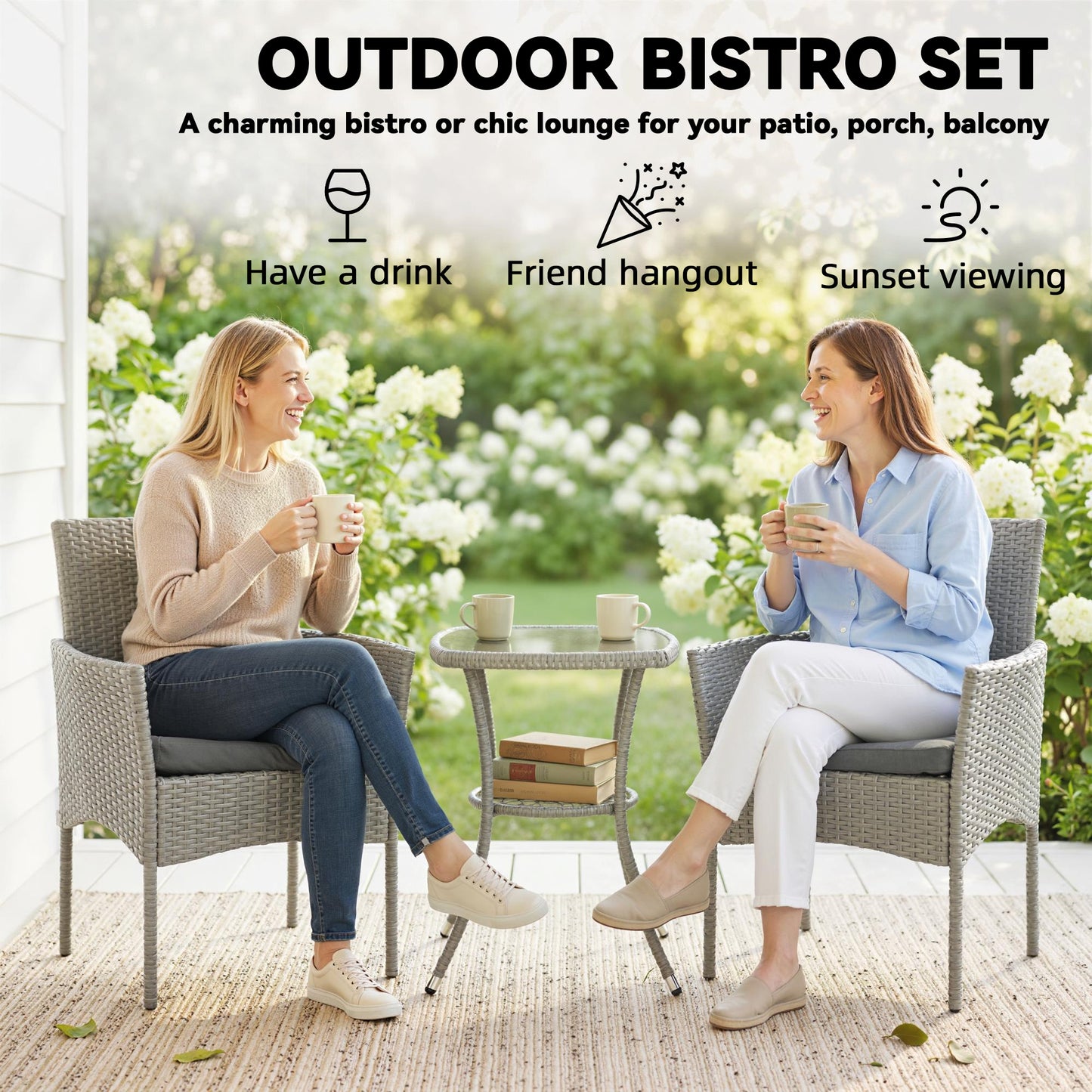 3 Piece Rattan Bistro Set | 2 Cushioned Armchairs | 2-Tier Glass Top Table | Powder Coated Steel | 120kg | Dark Grey