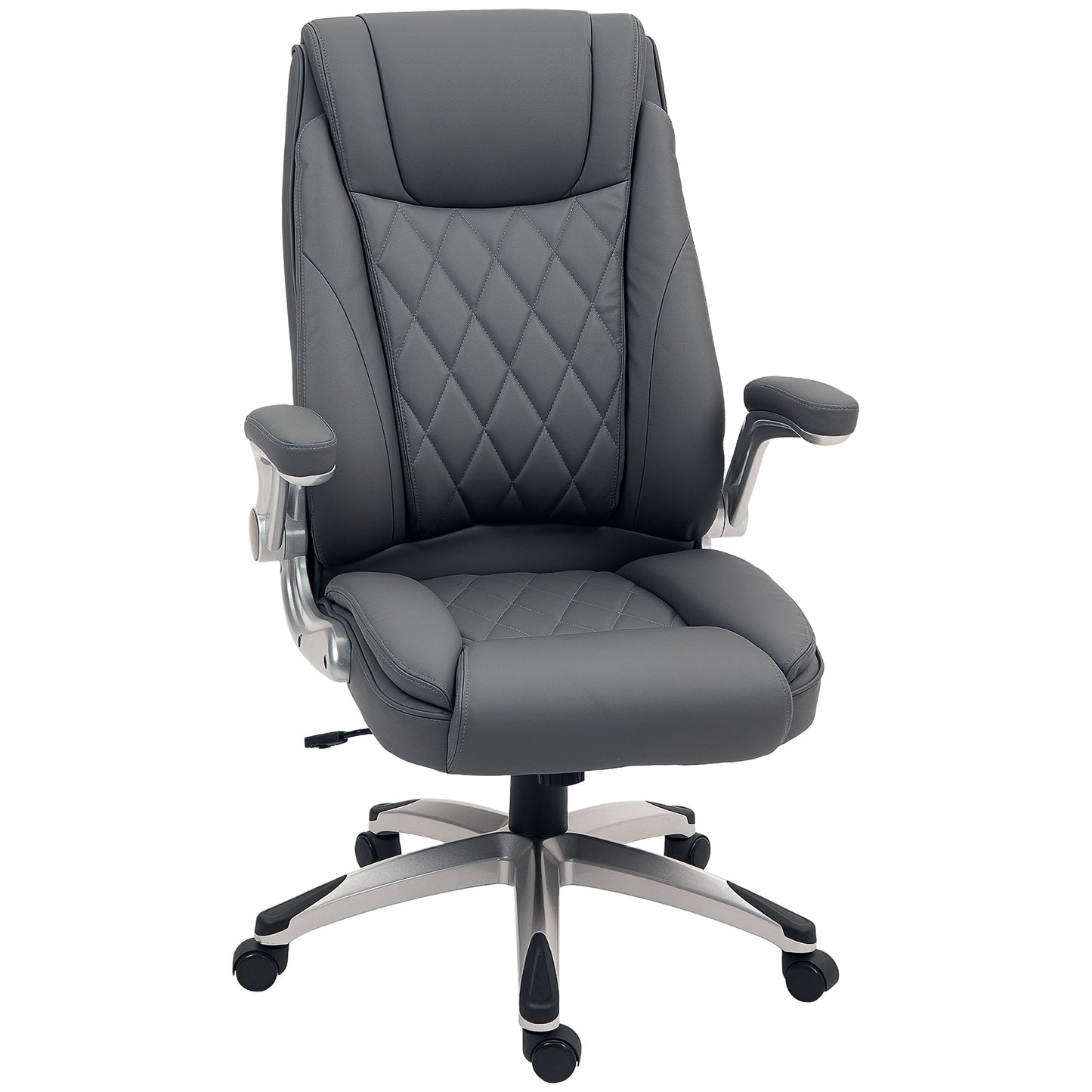 Executive Faux Leather Office Chair | High Back | Headrest | High Arms | Thick Padding | Rocking Function | 360° Swivel | 5 Wheels | Height Adjustable 113-121cm | 135kg | Dark Grey