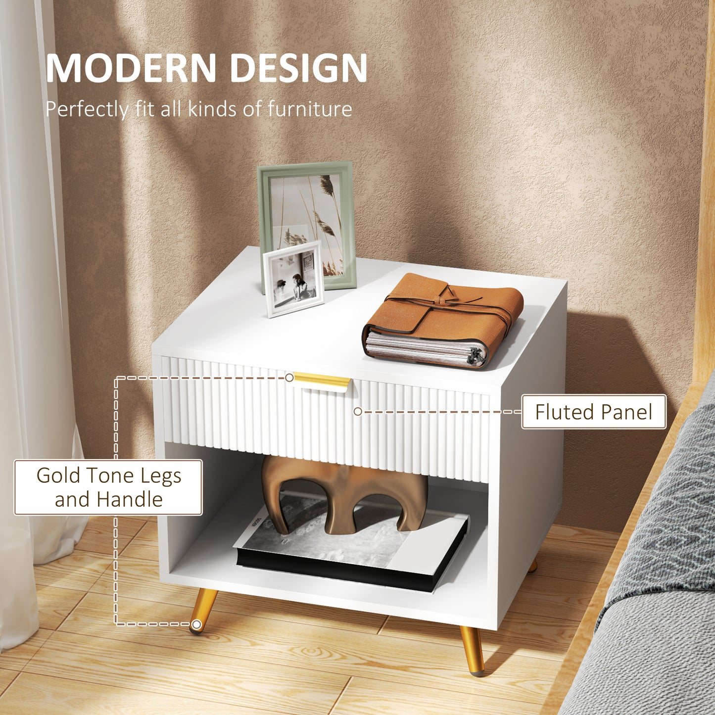 Set of 2 Bedside Tables | Ribbed Drawer | Gold Legs & Handle | Open Shelf | White | 50x47cm