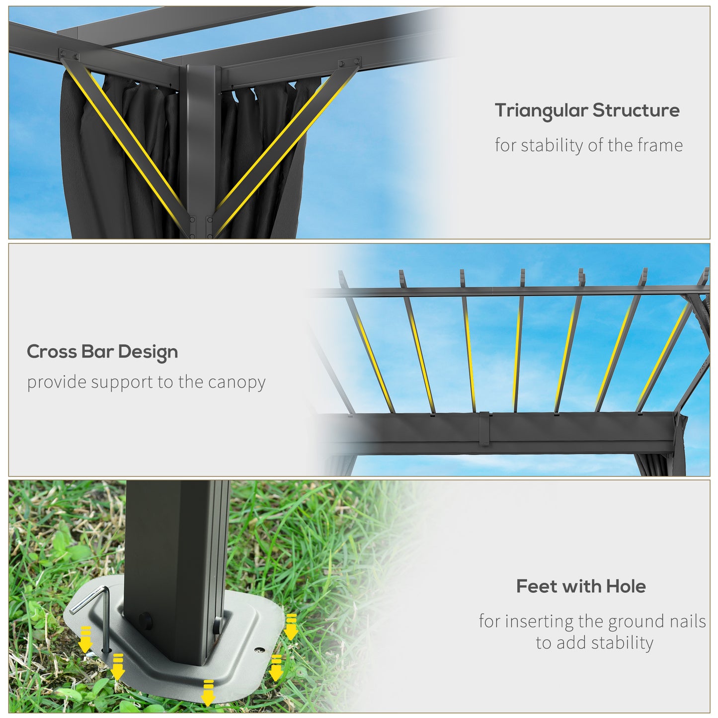 3.6x3m Aluminium Pergola | Retractable Sliding Canopy | Zip Curtains | 7.6cm Columns | Ground Stakes | Dark Grey