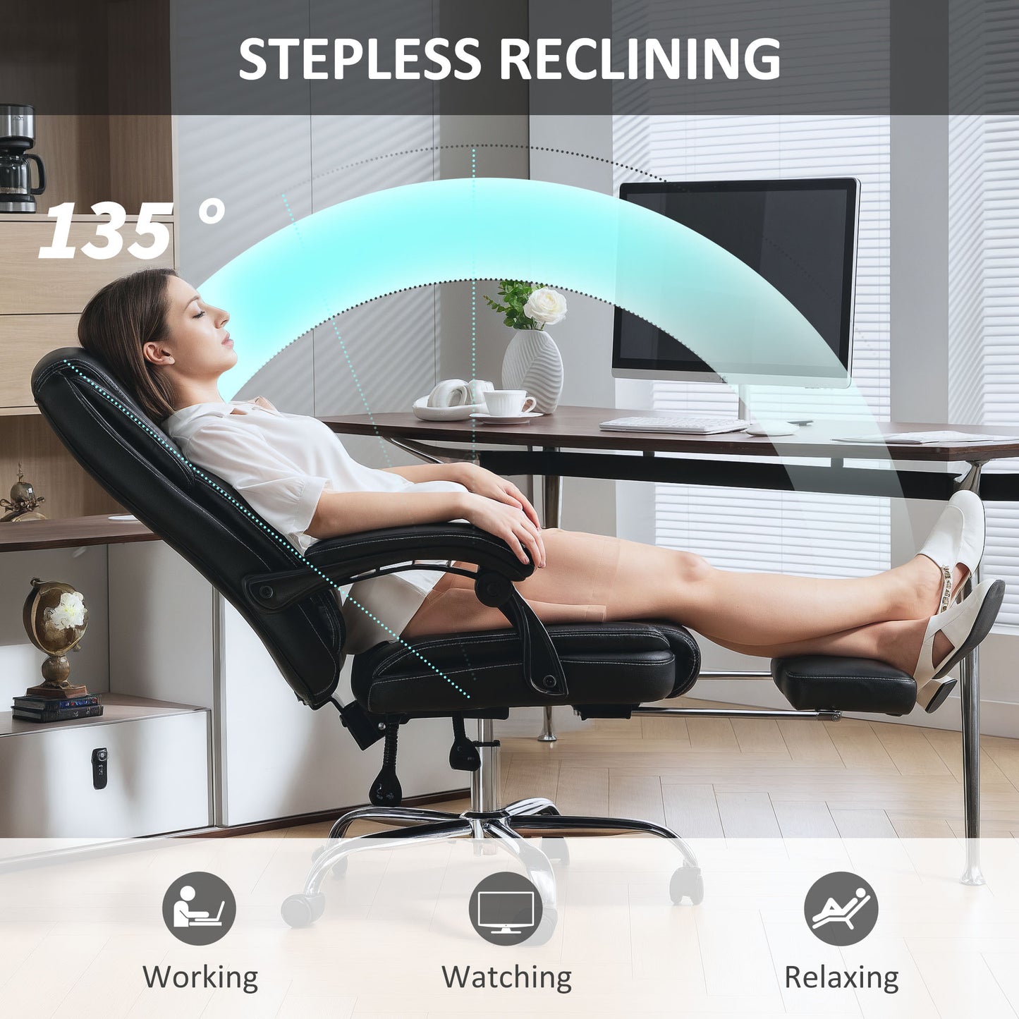 Faux Leather Reclining Office Chair, with Footrest - Black