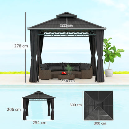 3 x 3 (m) Outdoor Polycarbonate Gazebo, Double Roof Hard Top Gazebo with Galvanised Steel Frame & Curtains for Garden, Lawn, Patio and Deck