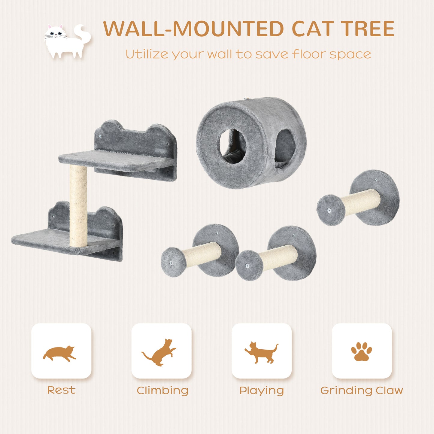 PawHut 5 Piece Cat Wall Furniture with Perch, Cat House, Scratching Post