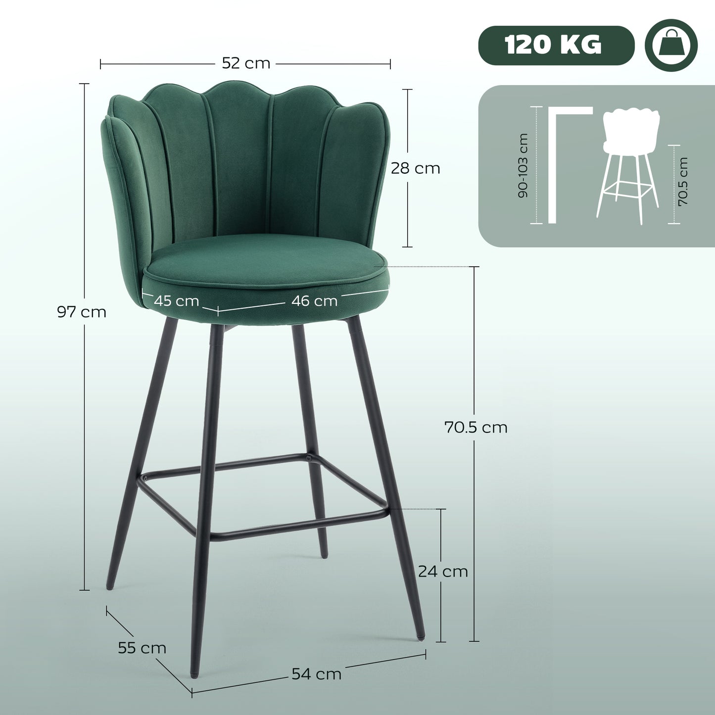 Set of Two Velvet-Feel Lotus Bar Stools - Dark Green / Grey