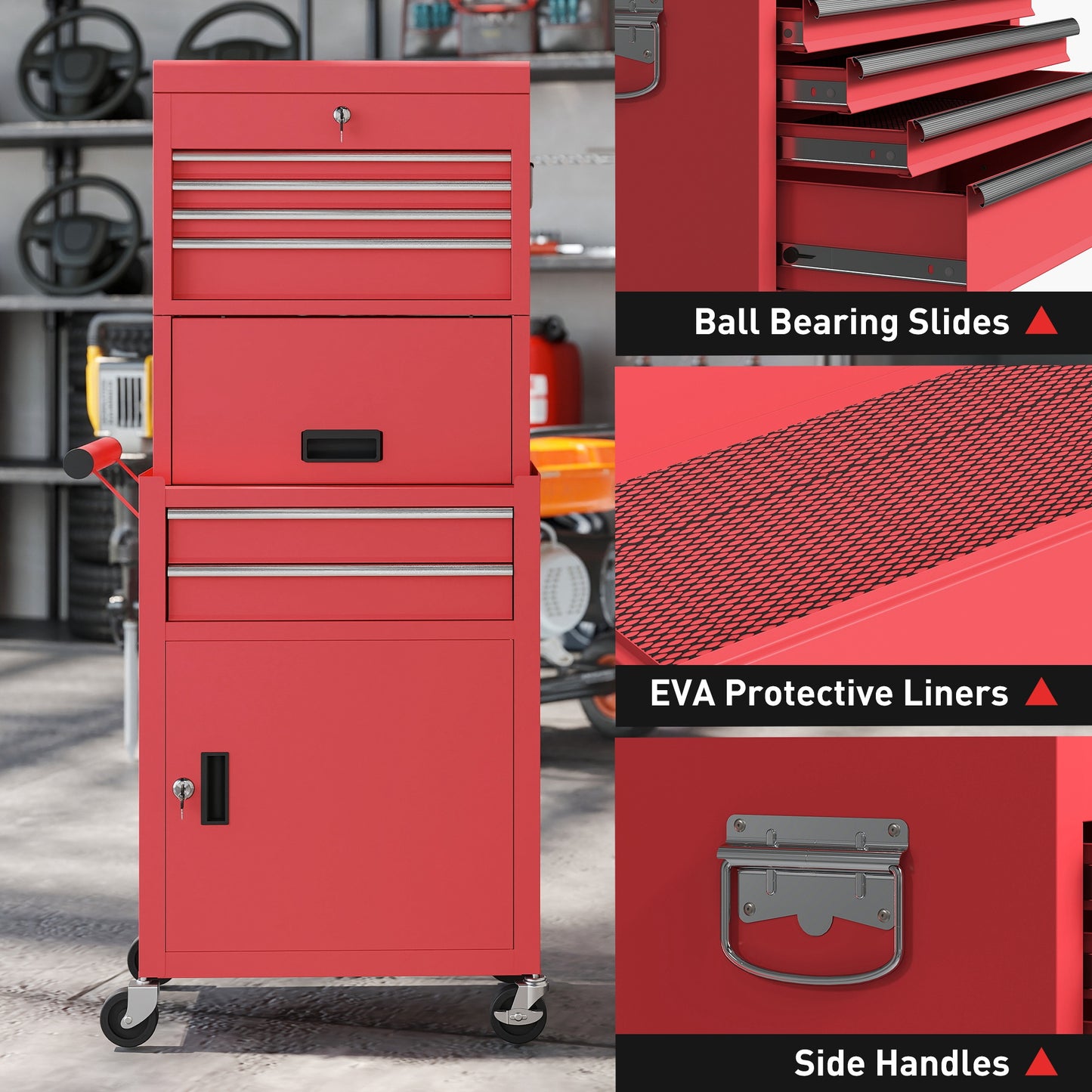 Three-Part Steel Locking Tool Storage Cabinet Chest - Red / Black