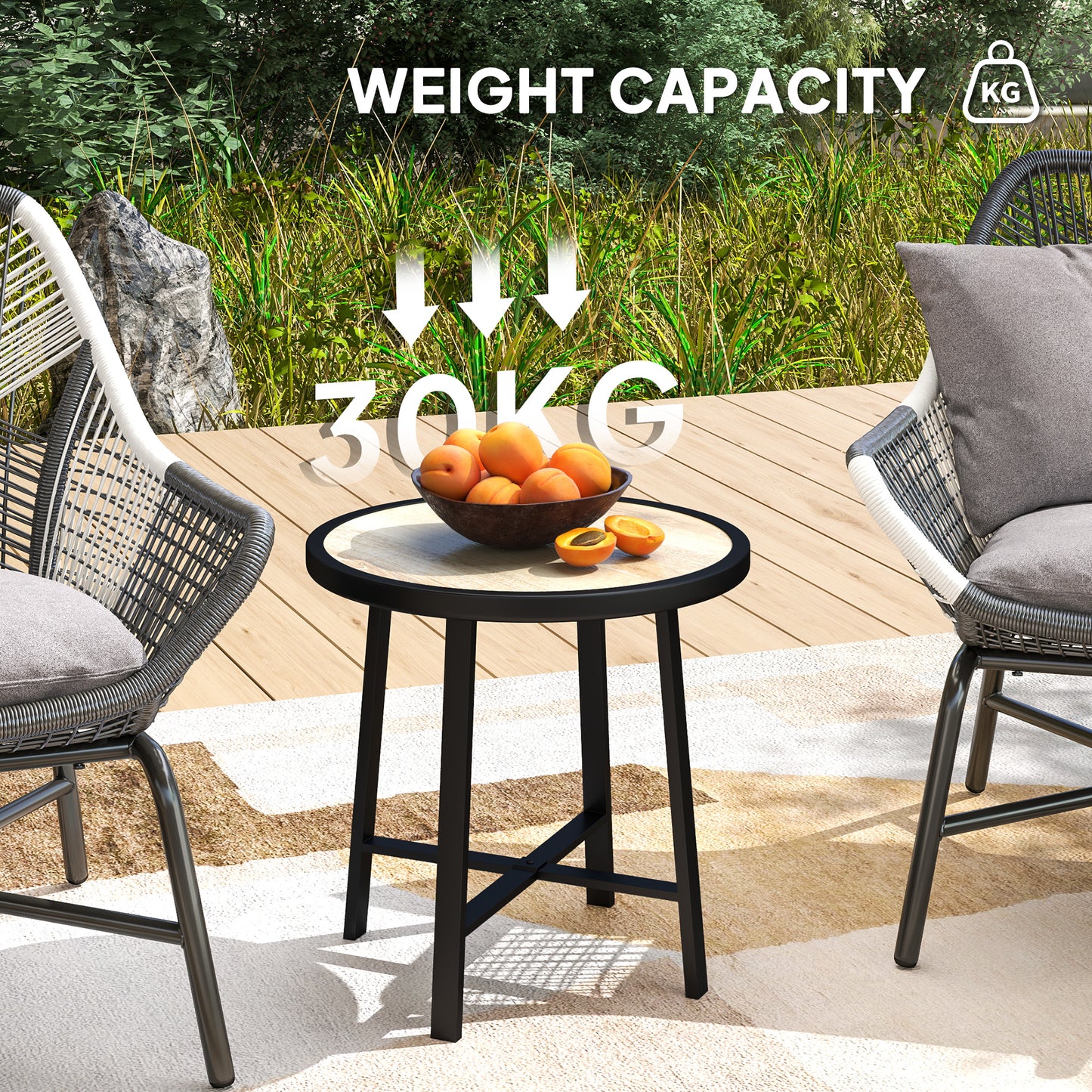 Round Garden Bistro Side Table | Dia 50.5x46cm | Waterproof SPC Top | Wood Grain Effect | Powder Coated Metal Frame | Anti-Slip Feet | 30kg | Natural Wood Finish