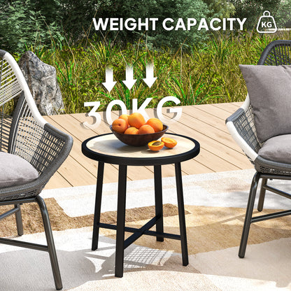 Round Garden Bistro Side Table | Dia 50.5x46cm | Waterproof SPC Top | Wood Grain Effect | Powder Coated Metal Frame | Anti-Slip Feet | 30kg | Natural Wood Finish