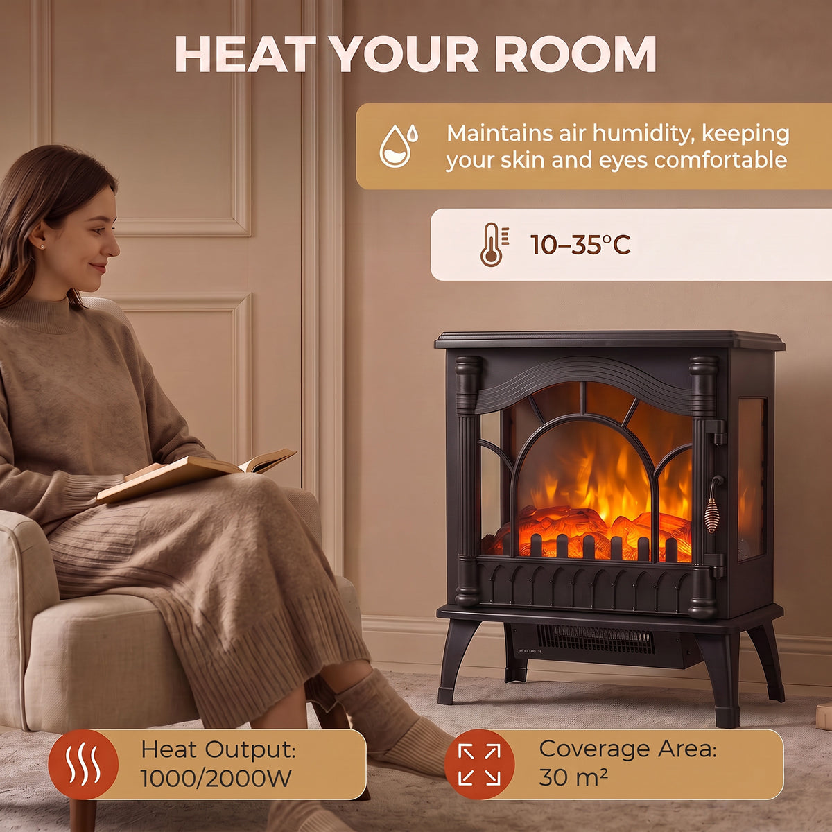 3-Sided Glass Electric Stove Fire | 1000W/2000W Fan Heater, Adjustable Flame Brightness & Thermostat | Freestanding Black | 55 × 31 × 58cm | C Rated