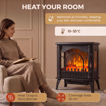 3-Sided Glass Electric Stove Fire | 1000W/2000W Fan Heater, Adjustable Flame Brightness & Thermostat | Freestanding Black | 55 × 31 × 58cm | C Rated