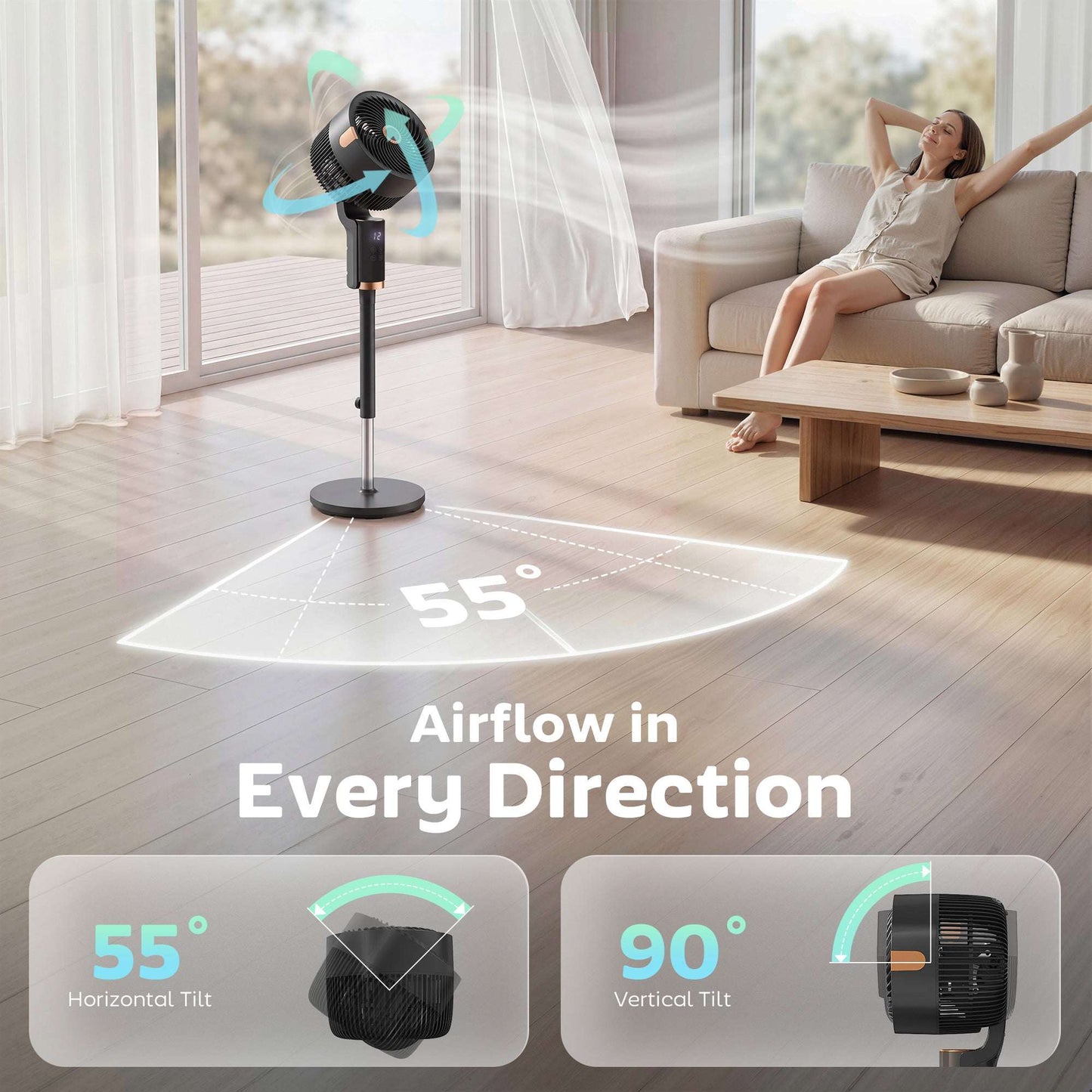 Pedestal Standing Fan | 20dB Sleep Mode | 8 Speeds | 9.5m³/min Airflow | 3D Oscillation | Aromatherapy Pad | Blue Mood Light | Detachable Grill | 5m Remote | 12H Timer | 50W | 110cm | Black & Gold