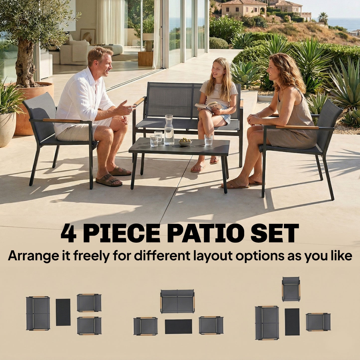 4-Piece Garden Furniture Set | Loveseat, 2 Armchairs & Table | Breathable Mesh | Grey
