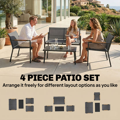 4-Piece Garden Furniture Set | Loveseat, 2 Armchairs & Table | Breathable Mesh | Grey
