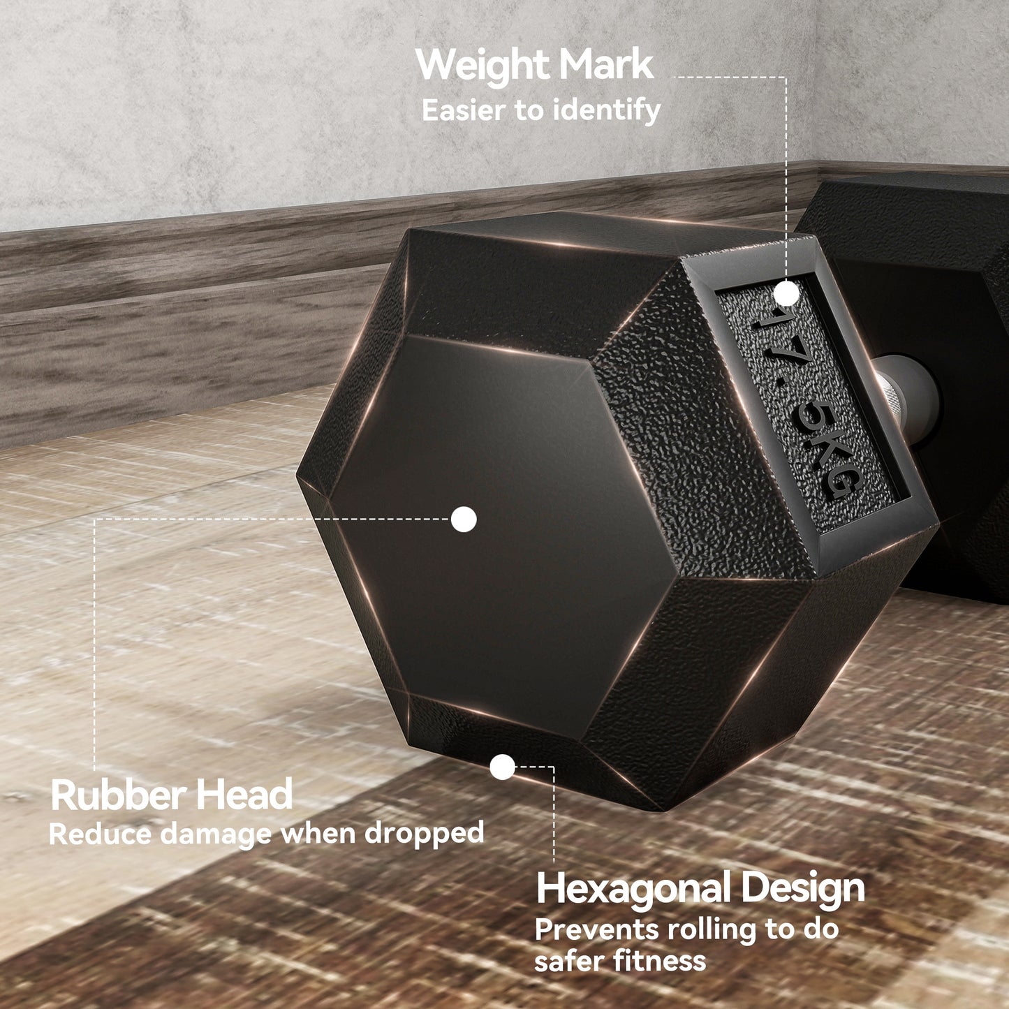 35KG Rubber Hex Dumbbell Portable Hand Weights Dumbbell Home Gym