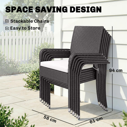7-Piece Rattan Garden Furniture Set | 6 Seater | Extendable Acacia Wood Table 100-150cm | 6 Stackable High-Back Armchairs | Washable Cushion Covers | PE Rattan & Steel Frame | Cream
