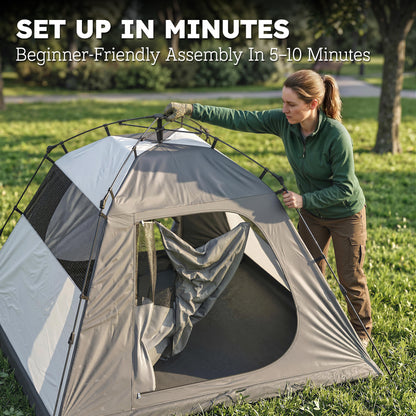 2-Person Camping Tent | 3000mm Waterproof | 2 Large Doors | 2 Windows | Internal Pocket & Lantern Hook | Folds to 80 x 18 x 18cm | 210 x 210 x 150cm | Dark Grey & Red