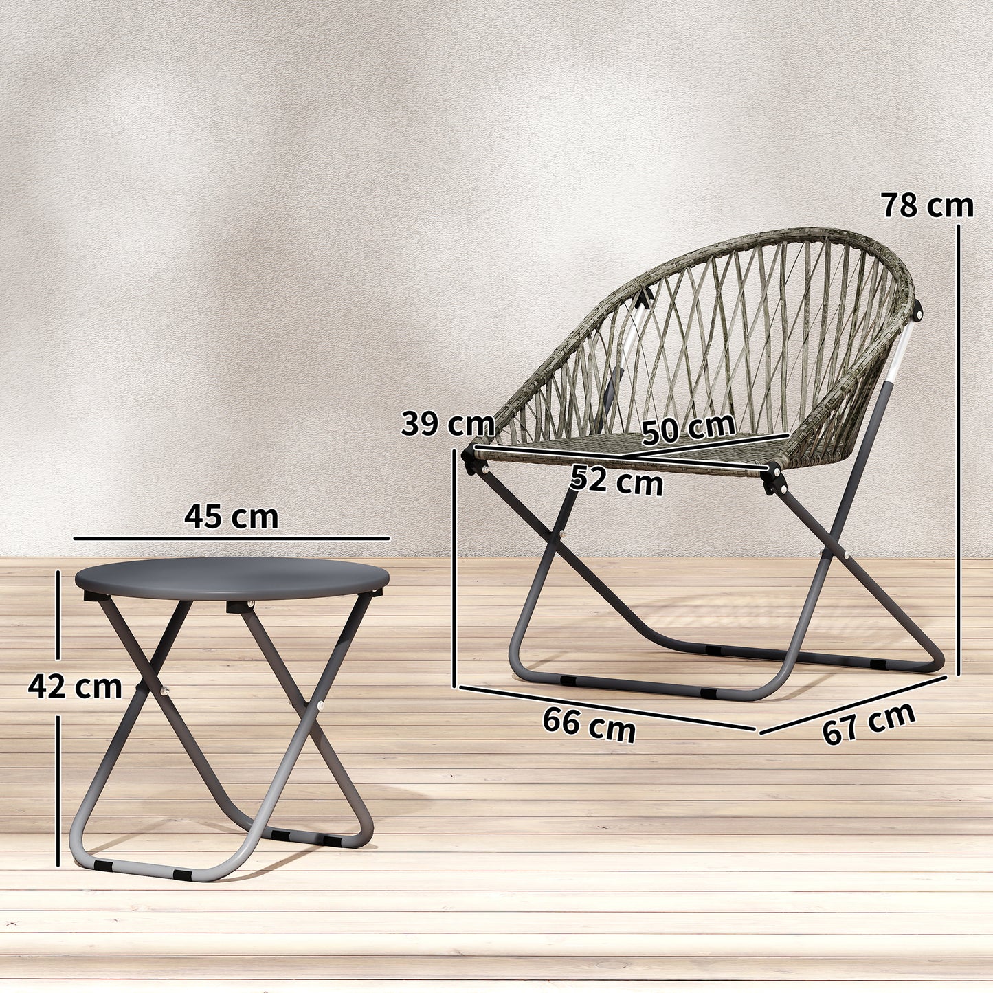 3 Piece Folding Rattan Bistro Set | 2 Chairs | Round Table Dia 45cm | 1000hr UV Resistant Rattan | Galvanised Steel | No Assembly | 120kg | Grey