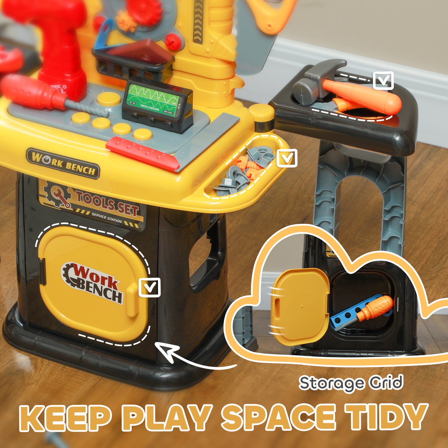 AIYAPLAY 102 Piece Kids Tool Bench with Electric Drill, Storage, for Ages 3-6, Yellow