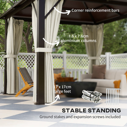 Outsunny 3 x 3(m) Hardtop Gazebo with Double Polycarbonate Roof, Garden Gazebo Permanent Pavilion with Mosquito Netting and Curtains for Patio, Deck, Beige