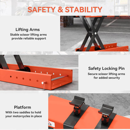 500 kg Motorcycle Scissor Lift Jack, Heavy Duty Steel Adjustable Motorbike Lifting Hoist Stand with Safety Pin, Foldable Lifter for Dirt Bike Repair Maintenance