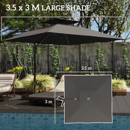 Outsunny 3.5x3 m Garden Cantilever Parasol with Solar LED Lights and Centre Light, Aluminium Large Square Patio Umbrella, UPF50+ Hanging Sun Shade with Cross Base