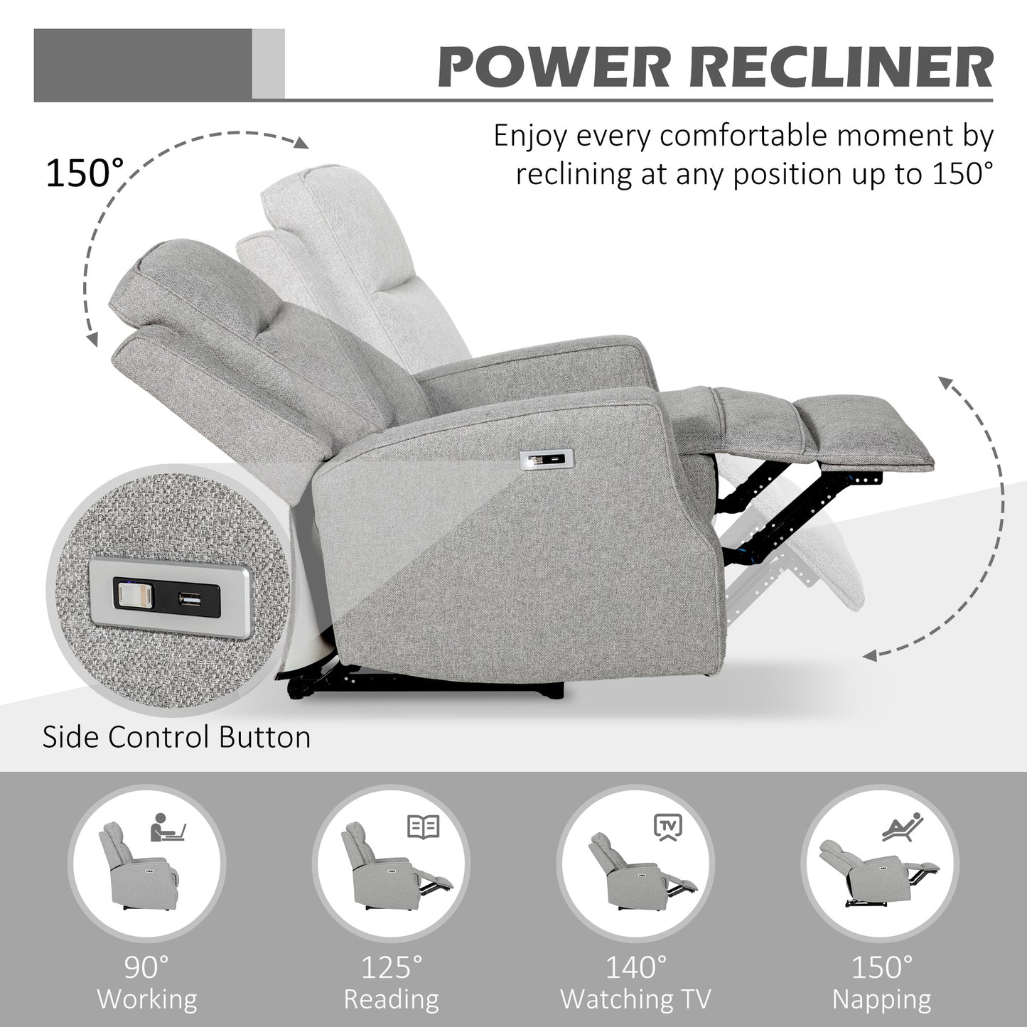 Electric Recliner Armchair, Recliner Chair with Adjustable Leg Rest, USB Port, Grey