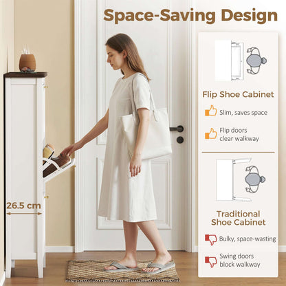 Farmhouse Narrow Shoe Cabinet | 3 Flip Drawers | Adjustable Shelves | 12-18 Pairs | Slim 26.5cm Depth | Max UK 9.5 | Anti-Tipping | MDF | 60x26.5x133.7cm | White