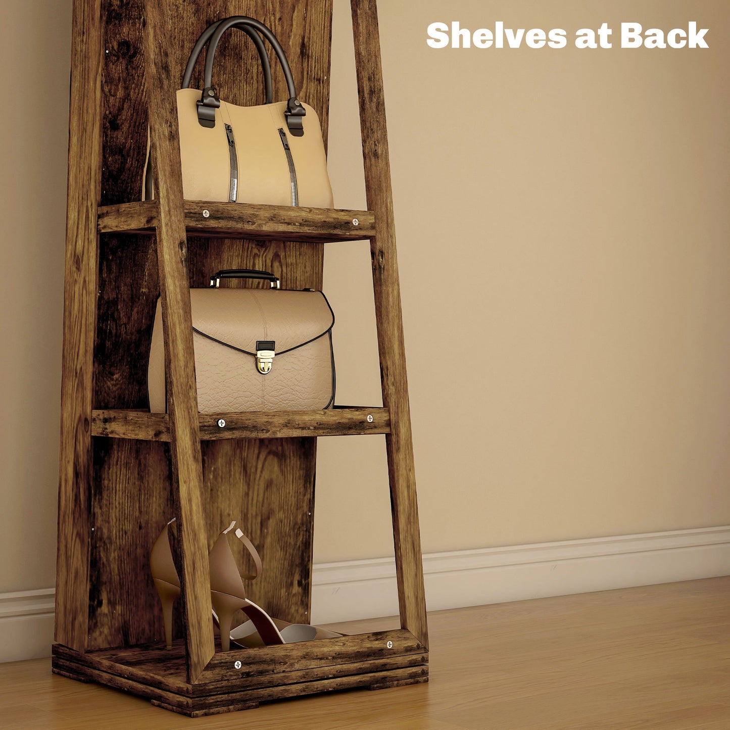 360° Swivel Jewellery Cabinet, Mirror Armoire, Full Length Mirror, Lockable Jewellery Organiser with Built-In Small Mirror, Rustic Brown