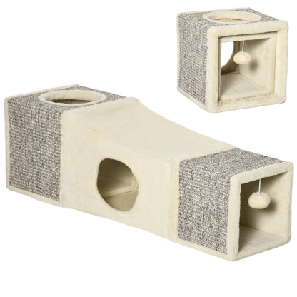 PawHut Cat Tunnel, 2 Cat Caves, Scratching Surfaces and Ball Toy, 98 cm x 30 cm x 30 cm, Brown + Beige