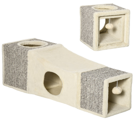 PawHut Cat Tunnel, 2 Cat Caves, Scratching Surfaces and Ball Toy, 98 cm x 30 cm x 30 cm, Brown + Beige