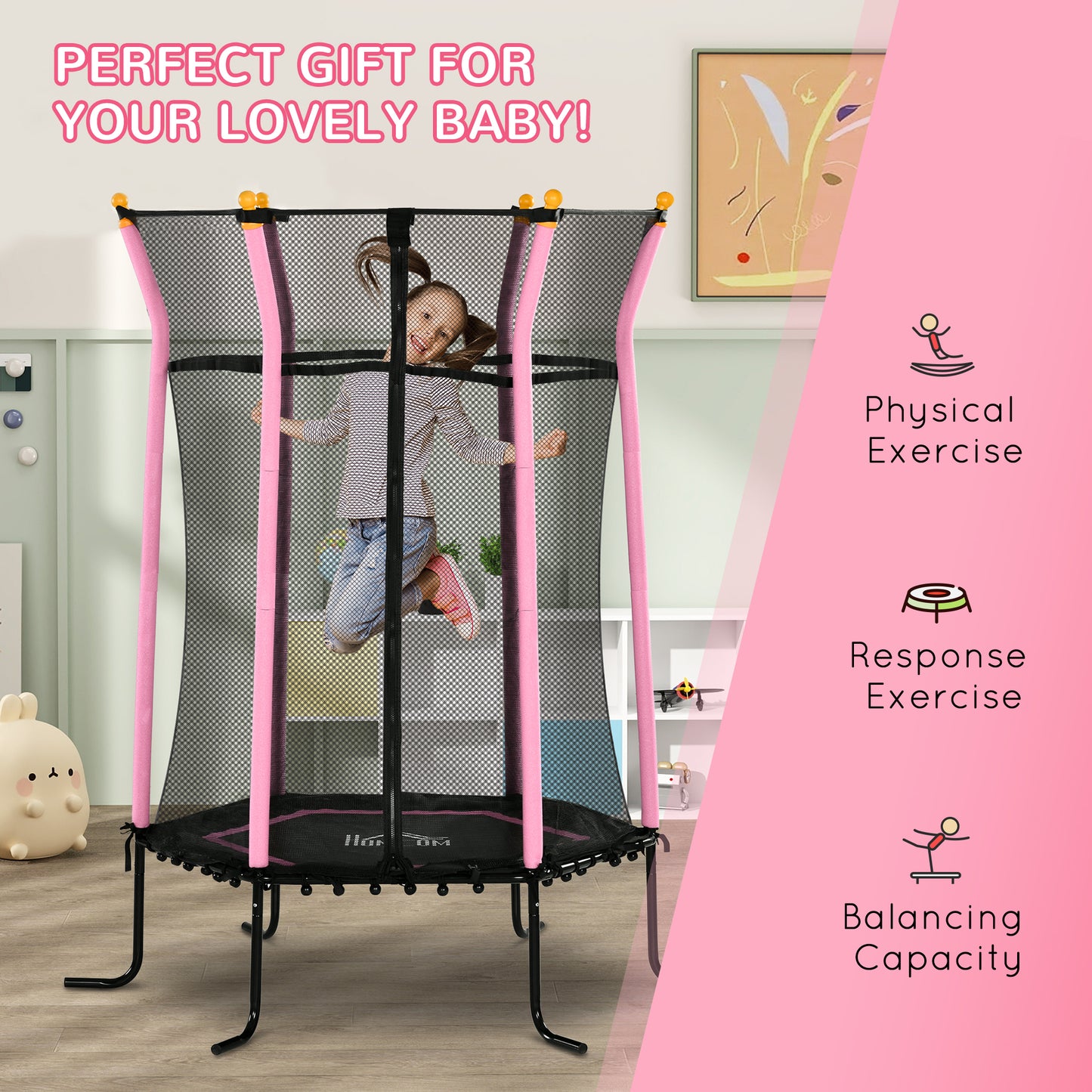 Kids Trampoline Mini Bouncer with Enclosure Safety Net For Ages 3-10 Years - Pink / Blue