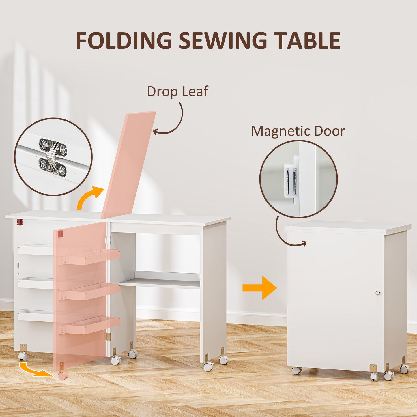 Folding Sewing Table, Drop Leaf Craft Table with Storage Bins, Open Shelf and Wheels, Rolling Sewing Machine Cabinet for Small Space