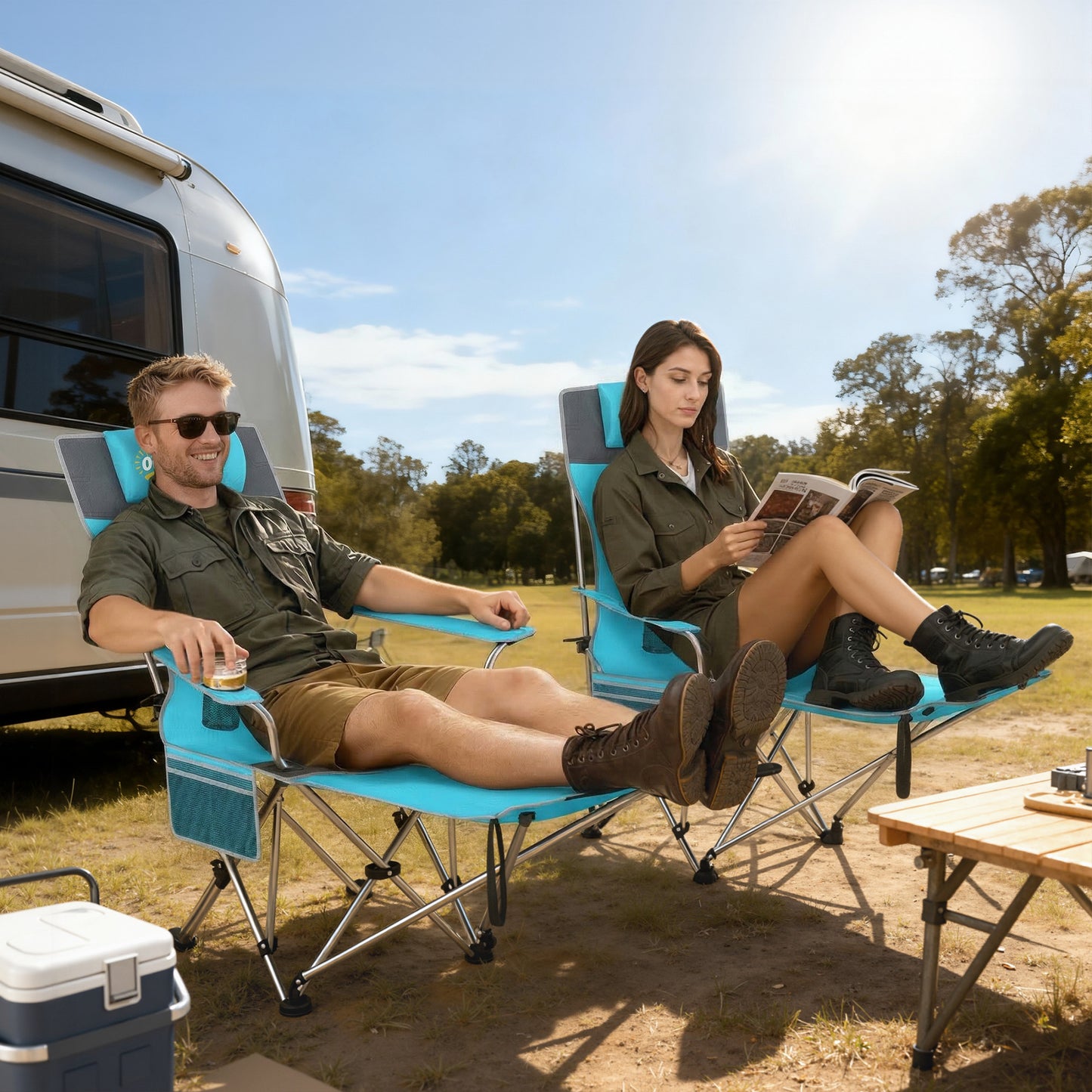 Outsunny Set of 2 Reclining Folding Camping Chairs – Detachable Footrest, Padded Headrest, Cup Holder, 600D Oxford, 120kg, Carry Bag – Blue & Grey