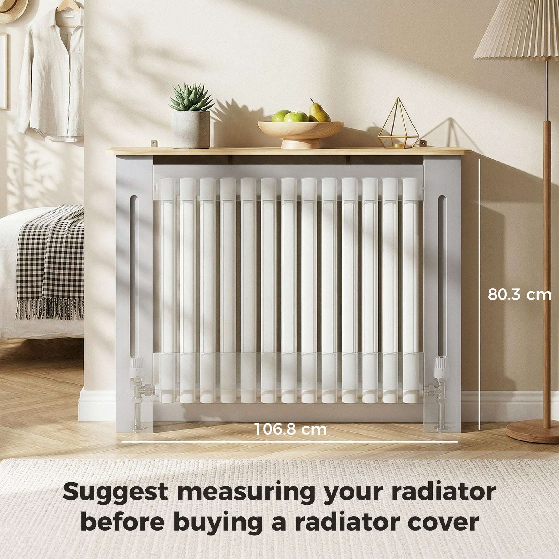MDF Radiator Cover | Slatted Line Grill Design | Display Top | Wall Mountable | Fittings Included | Lightweight 9kg | 112x19x81cm | Grey