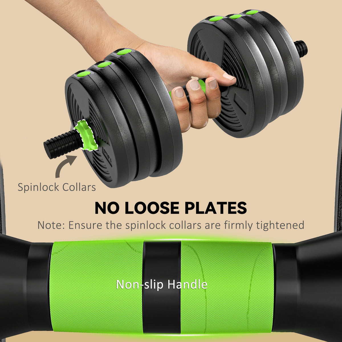 SPORTNOW 3-in-1 Adjustable Dumbbell Barbell & EZ Curl Bar Set | Black & Green | 15kg 20kg 25kg | Sand-Filled PVC Plates | Spinlock Collars | Non-Slip Handles | 2.5cm Hole | Home Gym